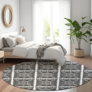 HomeRoots 8' Ivory and Black Medallion Washable Round Rug - Durable, Stylish, UV-Resistant, Easy Care Solution! 667774