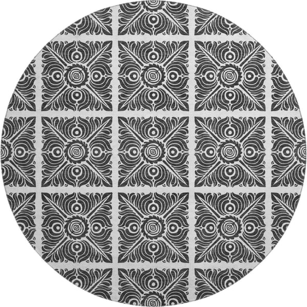 HomeRoots 8' Ivory and Black Medallion Washable Round Rug - Durable, Stylish, UV-Resistant, Easy Care Solution! 667774