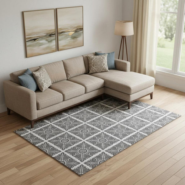 HomeRoots 8' X 10' Ivory And Black Medallion Area Rug - Washable, Stain Resistant, UV Protected for Homes 667775