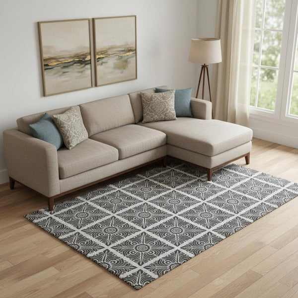 HomeRoots 9' X 12' Ivory and Black Medallion Area Rug - Washable, UV Protected, Ideal for Busy Homes 667776