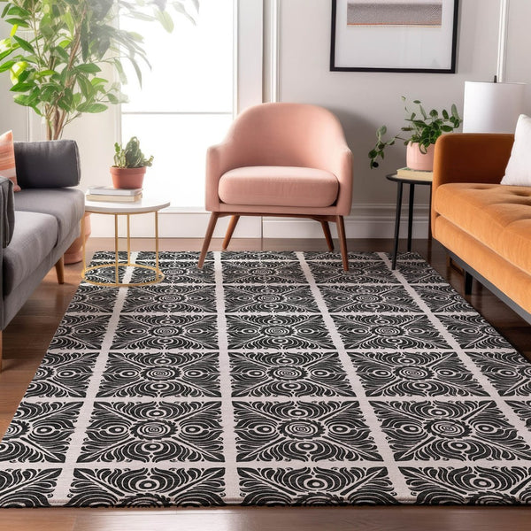 HomeRoots 9' X 12' Ivory and Black Medallion Area Rug - Washable, UV Protected, Ideal for Busy Homes 667776