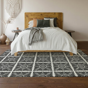 HomeRoots 9' X 12' Ivory and Black Medallion Area Rug - Washable, UV Protected, Ideal for Busy Homes 667776