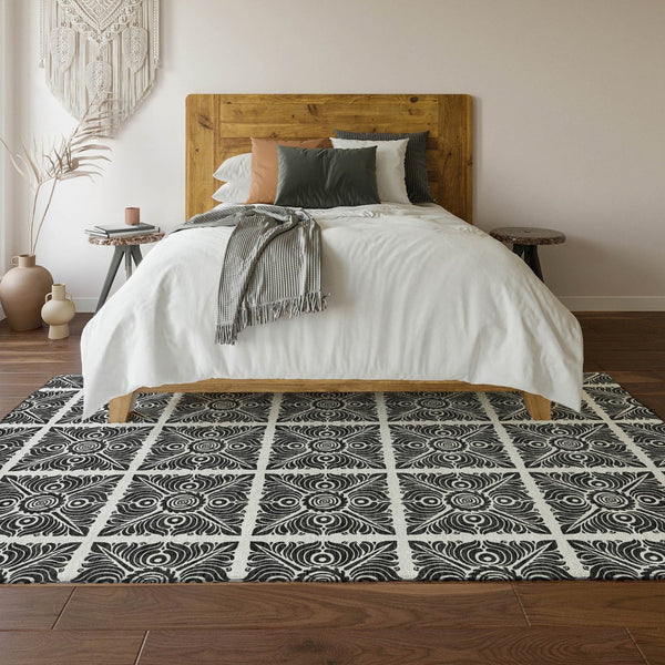 HomeRoots 9' X 12' Ivory and Black Medallion Area Rug - Washable, UV Protected, Ideal for Busy Homes 667776