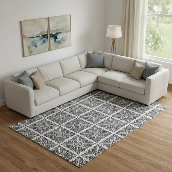 HomeRoots 10' X 14' Ivory and Black Medallion Washable Area Rug - UV Protected, Durable Design for Families 667777