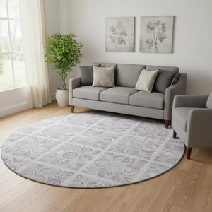 HomeRoots 8' Elegant Lavender & Ivory Medallion Round Rug – Washable, UV-Protected, Perfect for Any Space! 667780