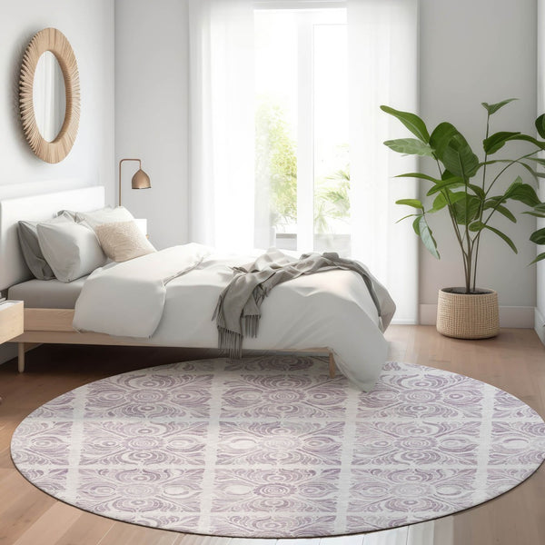 HomeRoots 8' Elegant Lavender & Ivory Medallion Round Rug – Washable, UV-Protected, Perfect for Any Space! 667780