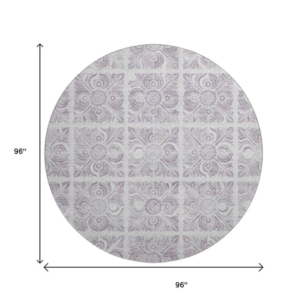 HomeRoots 8' Elegant Lavender & Ivory Medallion Round Rug – Washable, UV-Protected, Perfect for Any Space! 667780
