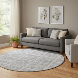 HomeRoots 8' Silver and Gray Medallion Round Rug – Washable, Durable, UV-Protected for Stylish Living Spaces! 667786