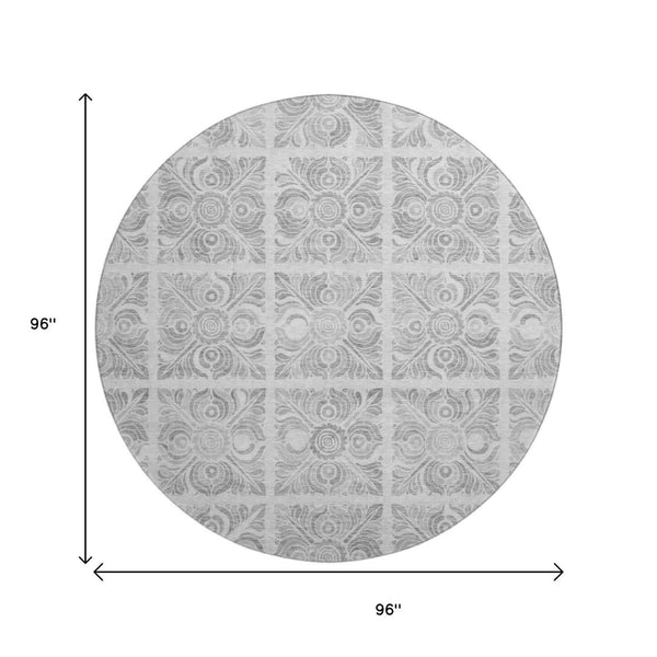 HomeRoots 8' Silver and Gray Medallion Round Rug – Washable, Durable, UV-Protected for Stylish Living Spaces! 667786