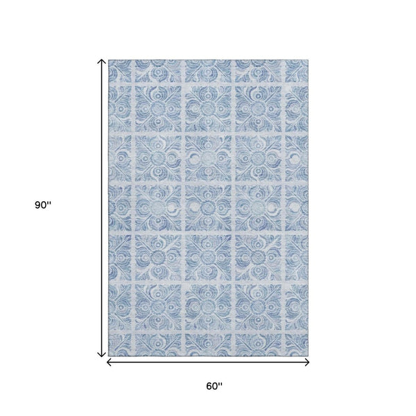 HomeRoots 5' X 8' Sky Blue Medallion Area Rug - Durable, Washable, UV-Protected, Perfect for Family Spaces! 667791