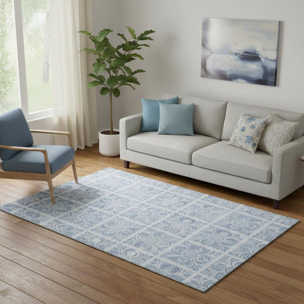 HomeRoots 5' X 8' Sky Blue Medallion Area Rug - Durable, Washable, UV-Protected, Perfect for Family Spaces! 667791