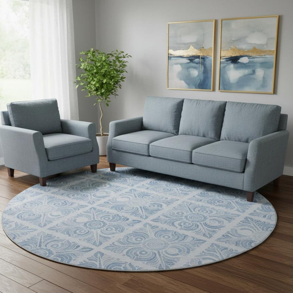 HomeRoots 8' Sky Blue & Denim Medallion Round Rug - Durable, UV-Protected, Easy-Care for Family Living Spaces 667792