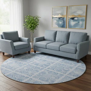 HomeRoots 8' Sky Blue & Denim Medallion Round Rug - Durable, UV-Protected, Easy-Care for Family Living Spaces 667792