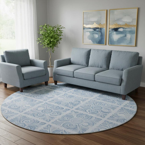 HomeRoots 8' Sky Blue & Denim Medallion Round Rug - Durable, UV-Protected, Easy-Care for Family Living Spaces 667792