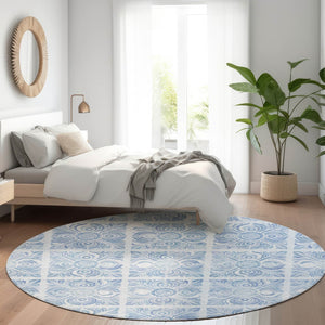 HomeRoots 8' Sky Blue & Denim Medallion Round Rug - Durable, UV-Protected, Easy-Care for Family Living Spaces 667792