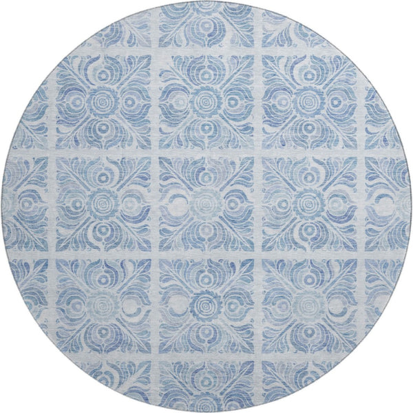 HomeRoots 8' Sky Blue & Denim Medallion Round Rug - Durable, UV-Protected, Easy-Care for Family Living Spaces 667792
