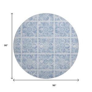 HomeRoots 8' Sky Blue & Denim Medallion Round Rug - Durable, UV-Protected, Easy-Care for Family Living Spaces 667792