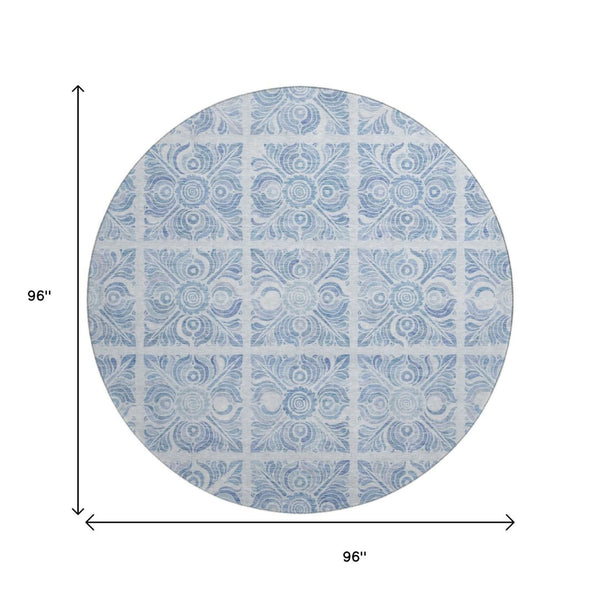 HomeRoots 8' Sky Blue & Denim Medallion Round Rug - Durable, UV-Protected, Easy-Care for Family Living Spaces 667792
