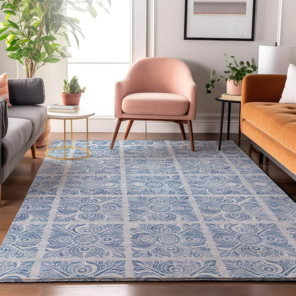 HomeRoots 10' Sky Blue & Denim Blue Medallion Area Rug - Washable, UV Protected, Durable for High-Traffic Spaces 667795