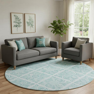 HomeRoots 8' Turquoise Medallion Round Rug - Washable, UV Protected, Durable for High Traffic Areas & Pets! 667804