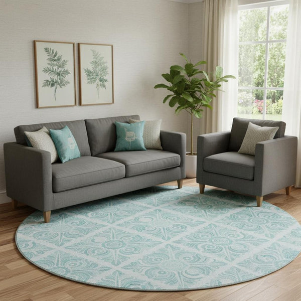 HomeRoots 8' Turquoise Medallion Round Rug - Washable, UV Protected, Durable for High Traffic Areas & Pets! 667804