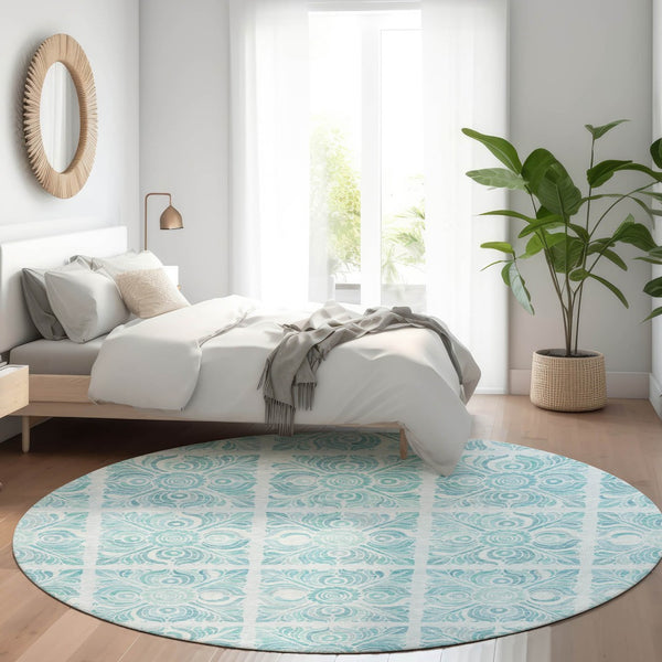 HomeRoots 8' Turquoise Medallion Round Rug - Washable, UV Protected, Durable for High Traffic Areas & Pets! 667804