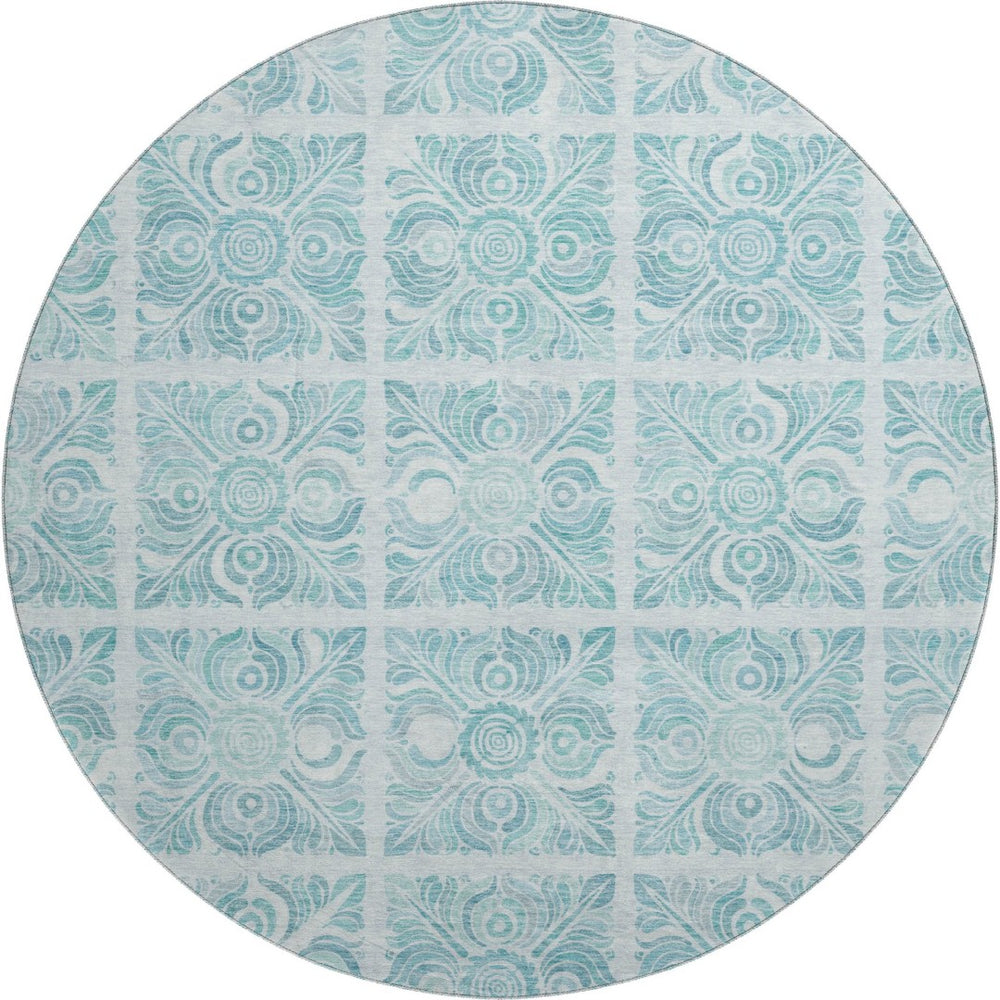 HomeRoots 8' Turquoise Medallion Round Rug - Washable, UV Protected, Durable for High Traffic Areas & Pets! 667804