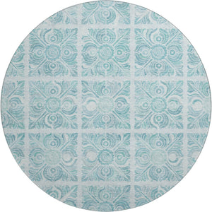 HomeRoots 8' Turquoise Medallion Round Rug - Washable, UV Protected, Durable for High Traffic Areas & Pets! 667804