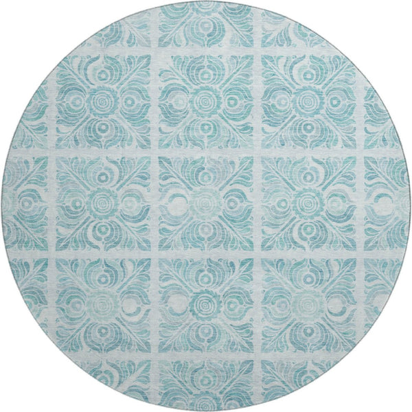 HomeRoots 8' Turquoise Medallion Round Rug - Washable, UV Protected, Durable for High Traffic Areas & Pets! 667804