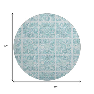 HomeRoots 8' Turquoise Medallion Round Rug - Washable, UV Protected, Durable for High Traffic Areas & Pets! 667804
