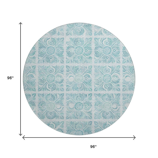 HomeRoots 8' Turquoise Medallion Round Rug - Washable, UV Protected, Durable for High Traffic Areas & Pets! 667804