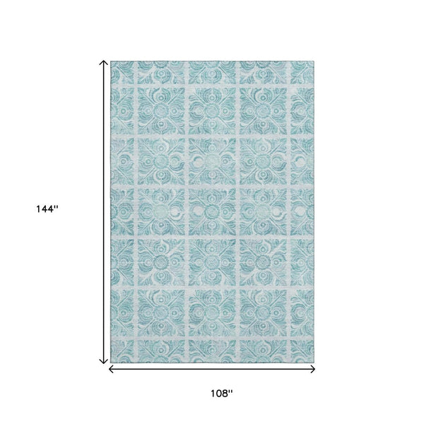 HomeRoots 9' X 12' Turquoise Medallion Area Rug - Stylish, Washable, UV-Protected for Homes with Kids & Pets 667806