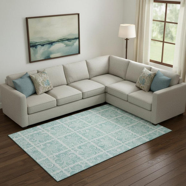 HomeRoots 9' X 12' Turquoise Medallion Area Rug - Stylish, Washable, UV-Protected for Homes with Kids & Pets 667806