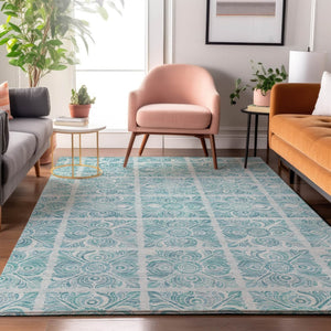 HomeRoots 9' X 12' Turquoise Medallion Area Rug - Stylish, Washable, UV-Protected for Homes with Kids & Pets 667806