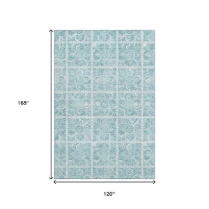 HomeRoots 10' Turquoise and Ivory Medallion Area Rug - Washable, UV-Protected, Stylish for High-Traffic Spaces 667807