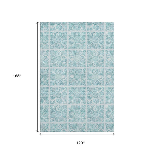 HomeRoots 10' Turquoise and Ivory Medallion Area Rug - Washable, UV-Protected, Stylish for High-Traffic Spaces 667807