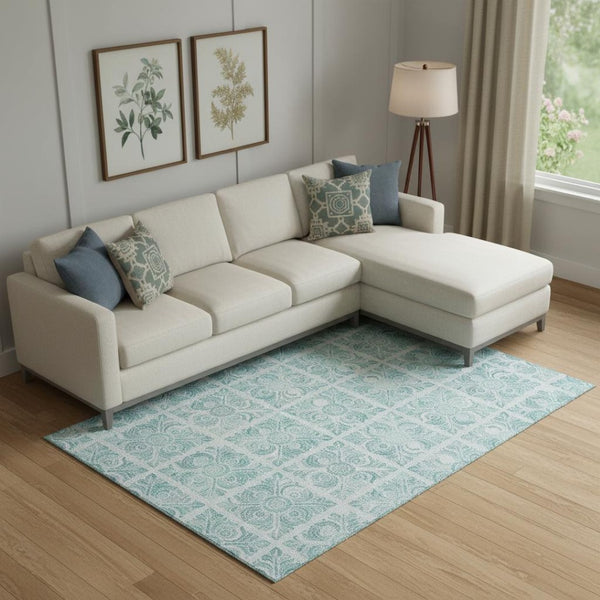 HomeRoots 10' Turquoise and Ivory Medallion Area Rug - Washable, UV-Protected, Stylish for High-Traffic Spaces 667807