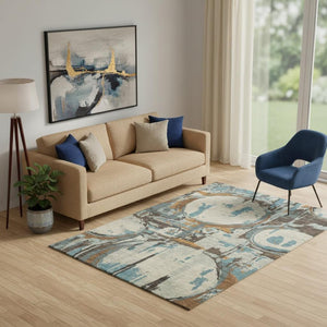 HomeRoots 5' X 8' Modern Geometric Area Rug in Beige, Brown & Teal - Washable, UV Protected & Stain Resistant 667809