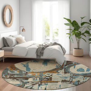 HomeRoots 8' Modern Beige, Brown & Teal Geometric Washable Round Rug with UV Protection for Busy Homes 667810