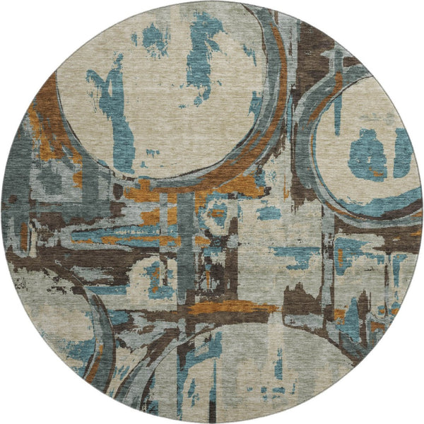 HomeRoots 8' Modern Beige, Brown & Teal Geometric Washable Round Rug with UV Protection for Busy Homes 667810