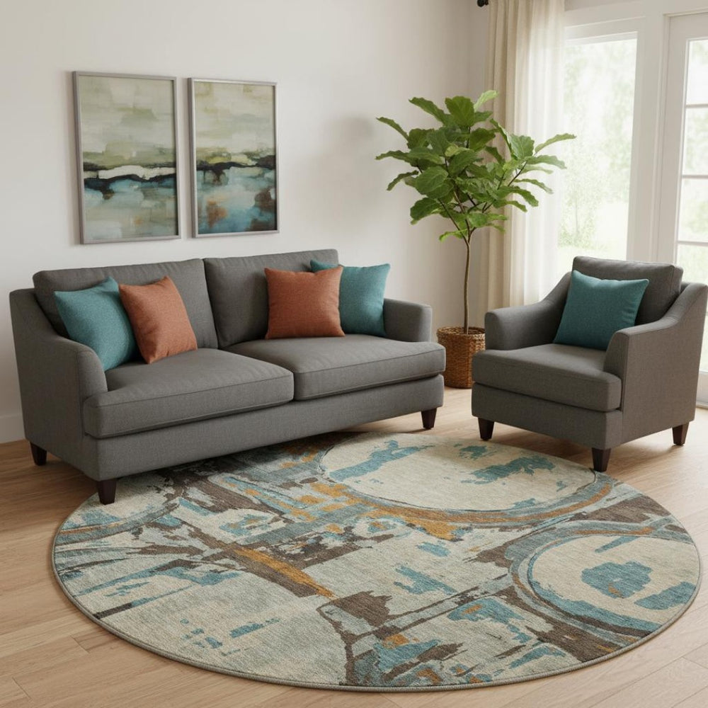 HomeRoots 8' Modern Beige, Brown & Teal Geometric Washable Round Rug with UV Protection for Busy Homes 667810