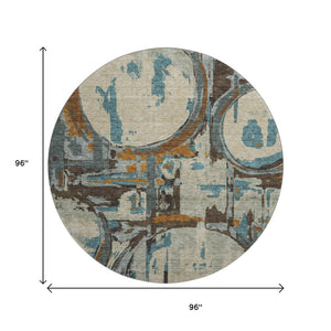 HomeRoots 8' Modern Beige, Brown & Teal Geometric Washable Round Rug with UV Protection for Busy Homes 667810