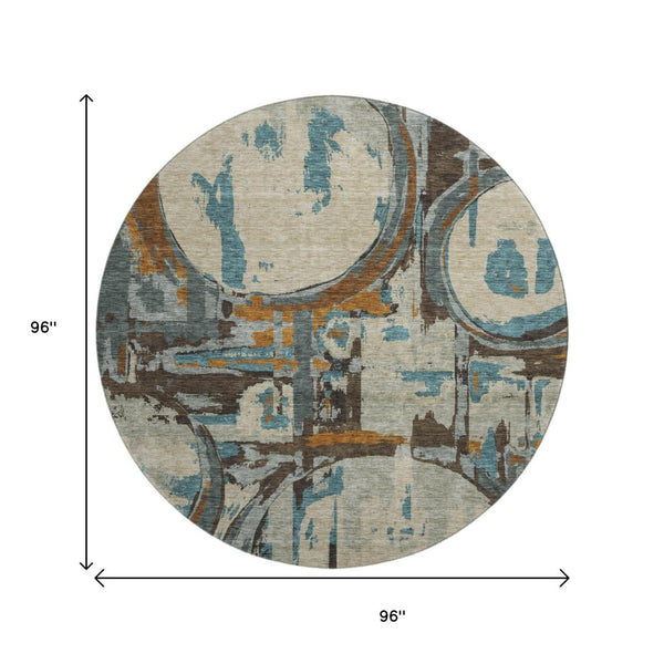 HomeRoots 8' Modern Beige, Brown & Teal Geometric Washable Round Rug with UV Protection for Busy Homes 667810