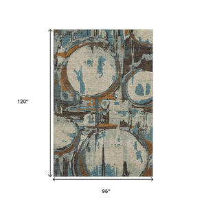 HomeRoots 8' X 10' Modern Geometric Washable Area Rug in Beige, Brown & Teal - Stain Resistant & UV Protected 667811