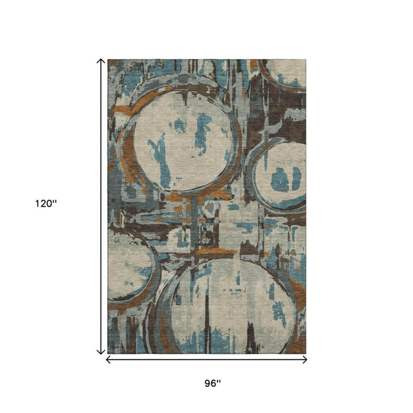 HomeRoots 8' X 10' Modern Geometric Washable Area Rug in Beige, Brown & Teal - Stain Resistant & UV Protected 667811