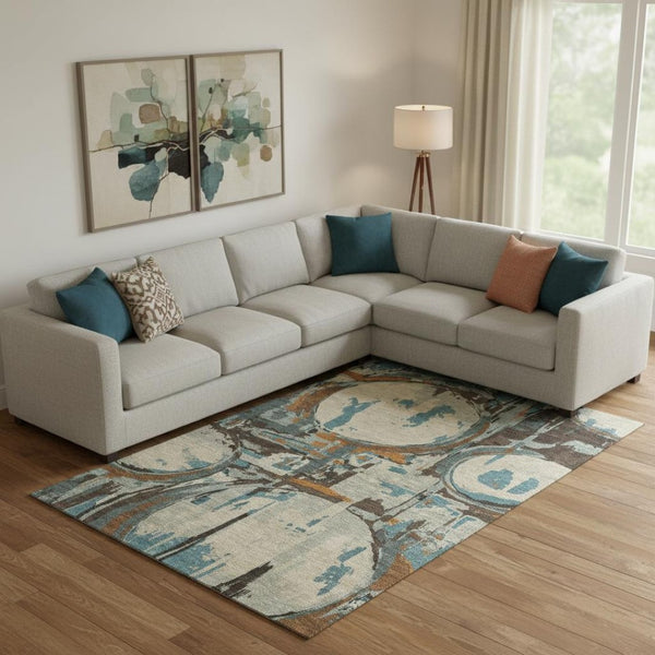 HomeRoots 8' X 10' Modern Geometric Washable Area Rug in Beige, Brown & Teal - Stain Resistant & UV Protected 667811