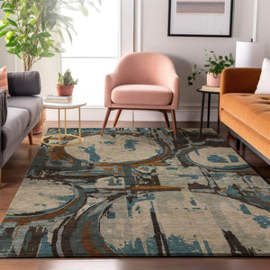 HomeRoots 8' X 10' Modern Geometric Washable Area Rug in Beige, Brown & Teal - Stain Resistant & UV Protected 667811
