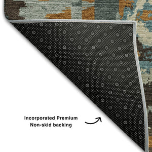 HomeRoots 8' X 10' Modern Geometric Washable Area Rug in Beige, Brown & Teal - Stain Resistant & UV Protected 667811