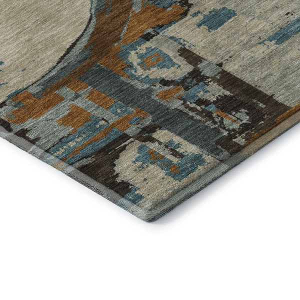 HomeRoots 8' X 10' Modern Geometric Washable Area Rug in Beige, Brown & Teal - Stain Resistant & UV Protected 667811