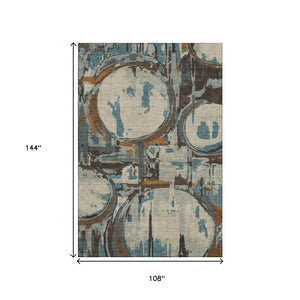 HomeRoots 9' X 12' Geometric Area Rug in Beige, Brown & Teal - Washable, UV-Protected, Stylish & Durable Design 667812